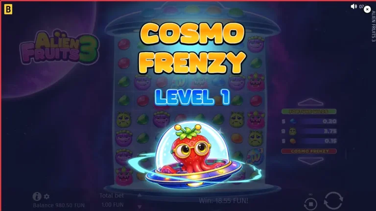 Tampilan visual slot Alien Fruits 3 dengan tema luar angkasa dan neon